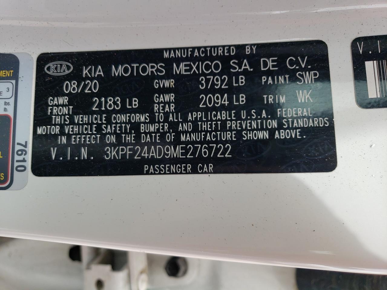 2021 Kia Forte Fe VIN: 3KPF24AD9ME276722 Lot: 61225884