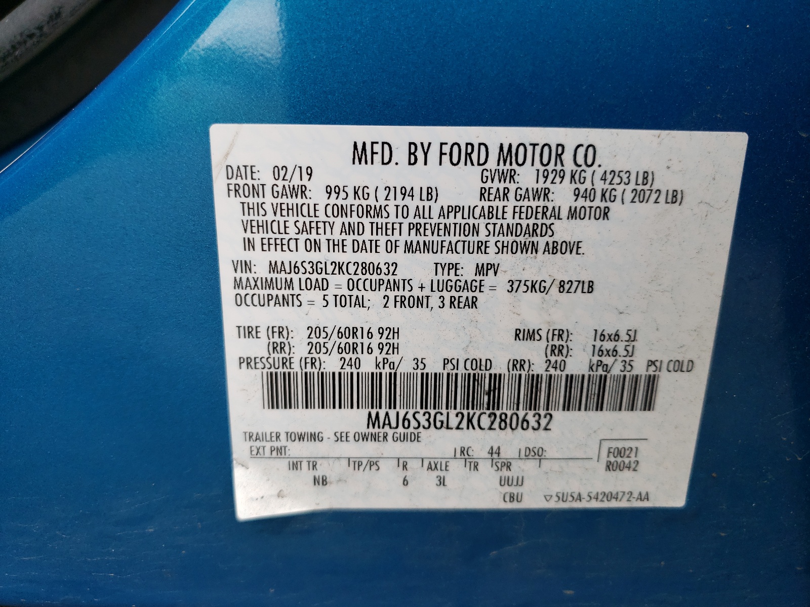 MAJ6S3GL2KC280632 2019 Ford Ecosport Se