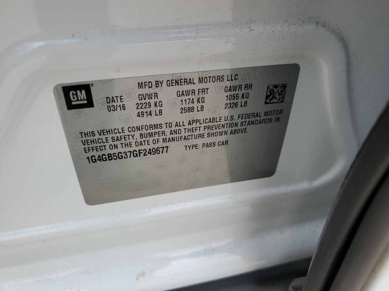 2016 Buick Lacrosse VIN: 1G4GB5G37GF249677 Lot: 63242494