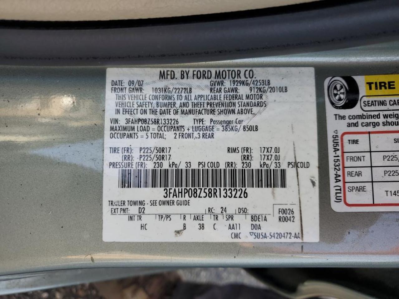 2008 Ford Fusion Sel VIN: 3FAHP08Z58R133226 Lot: 65179624