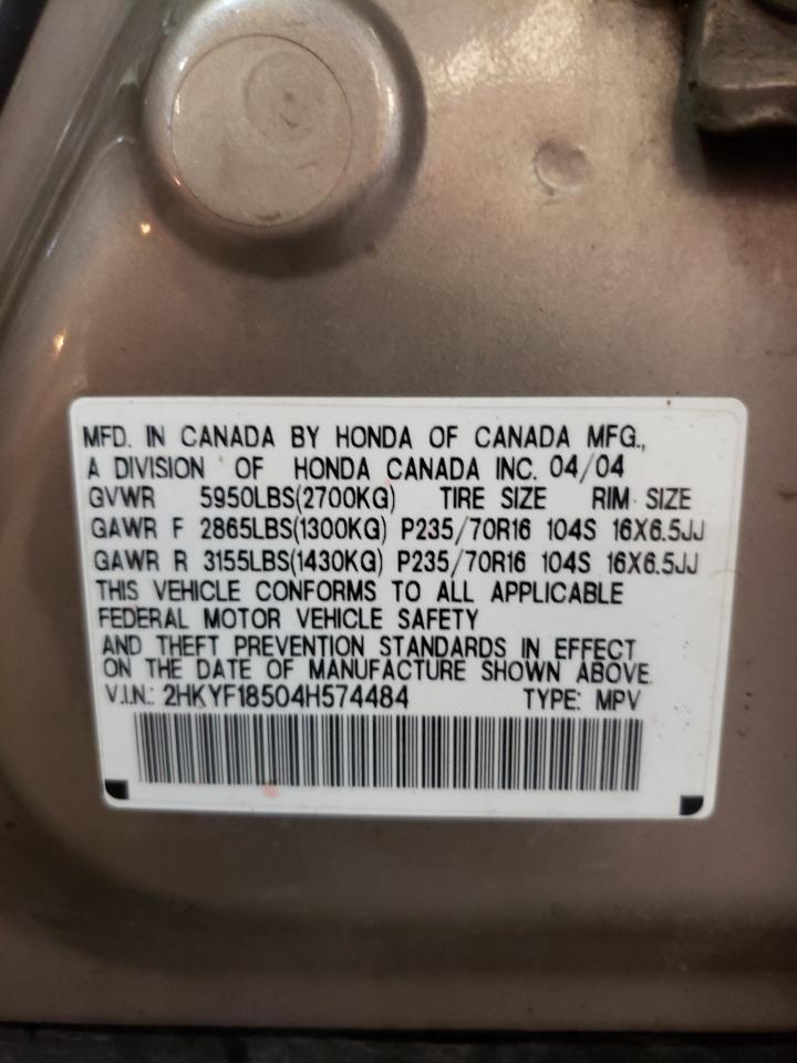 2004 Honda Pilot Exl VIN: 2HKYF18504H574484 Lot: 65276684