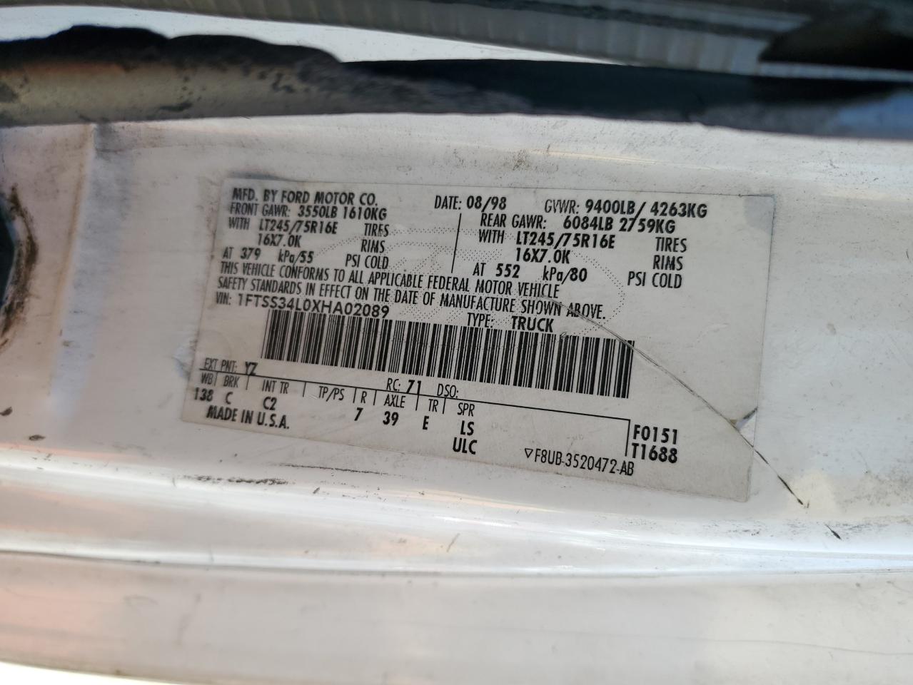 1999 Ford Econoline E350 Super Duty Van VIN: 1FTSS34L0XHA02089 Lot: 63266334