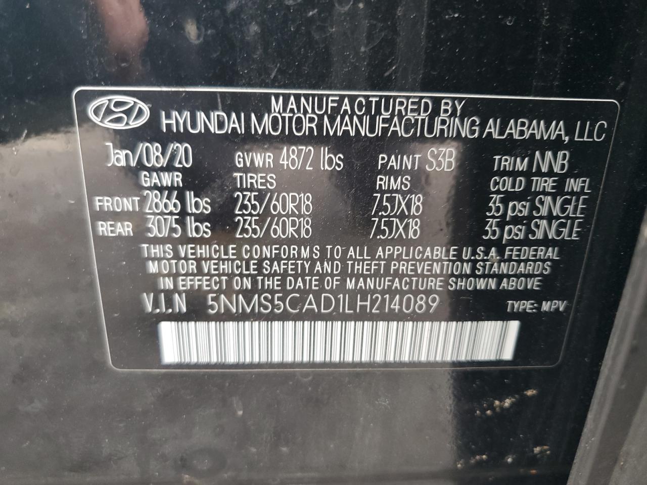 2020 Hyundai Santa Fe Limited VIN: 5NMS5CAD1LH214089 Lot: 63360234