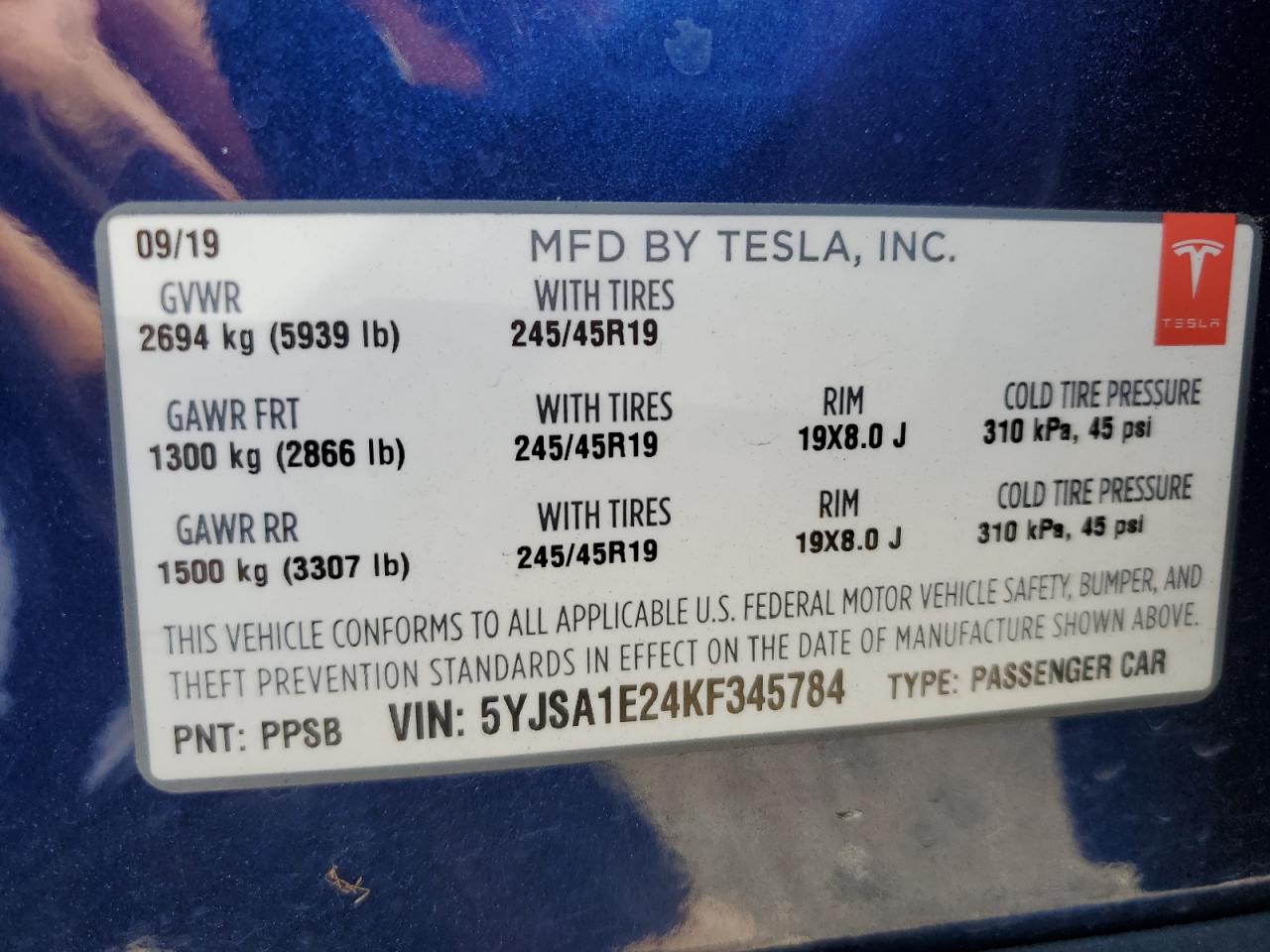 2019 Tesla Model S VIN: 5YJSA1E24KF345784 Lot: 63821444