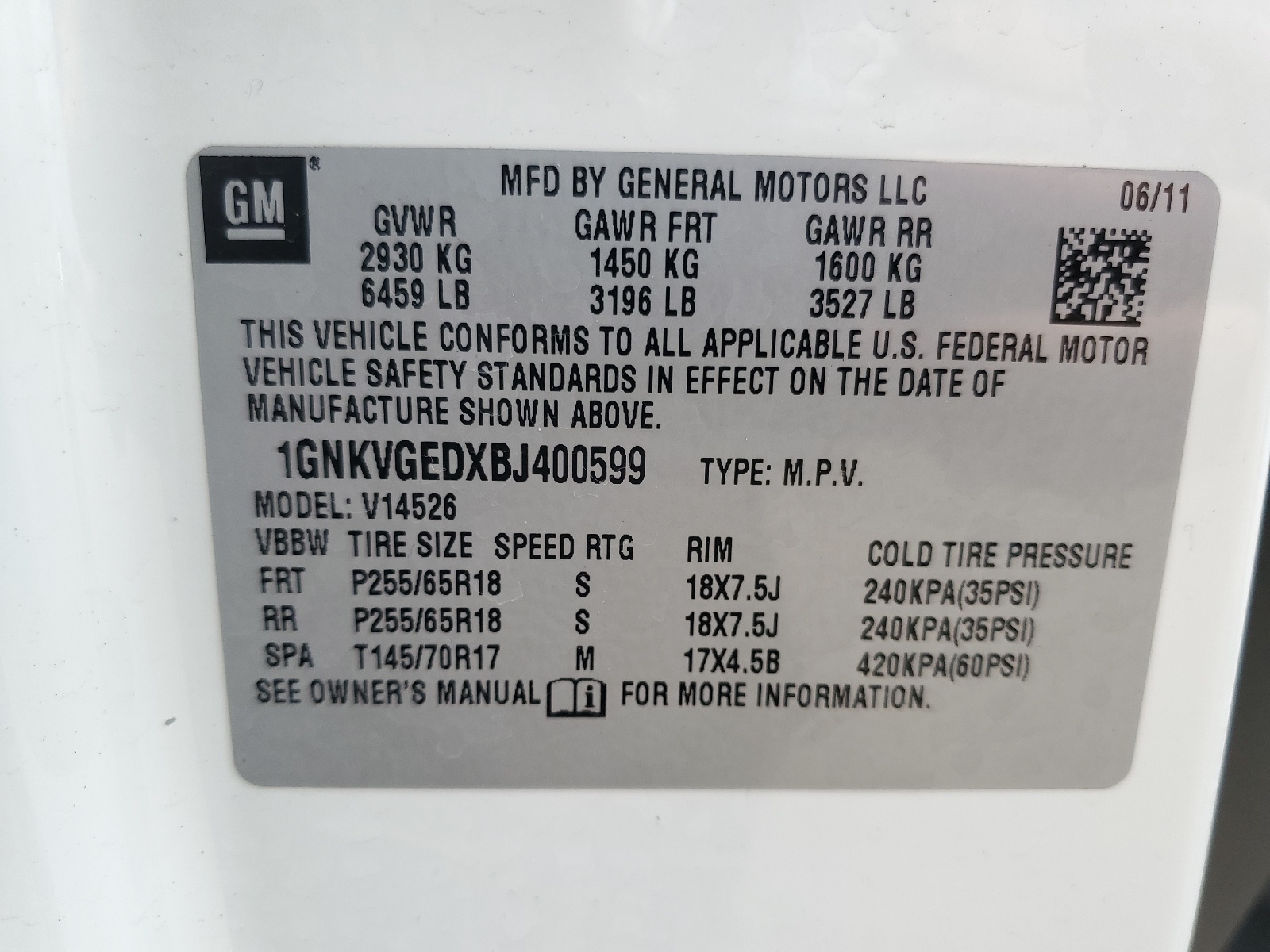 1GNKVGEDXBJ400599 2011 Chevrolet Traverse Lt