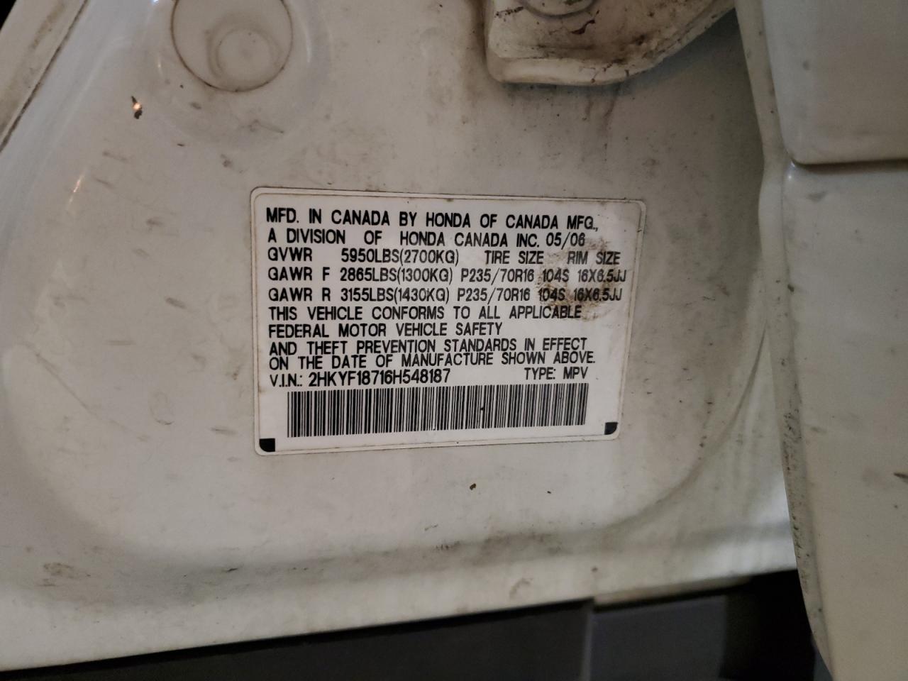 2006 Honda Pilot Ex VIN: 2HKYF18716H548187 Lot: 62937094
