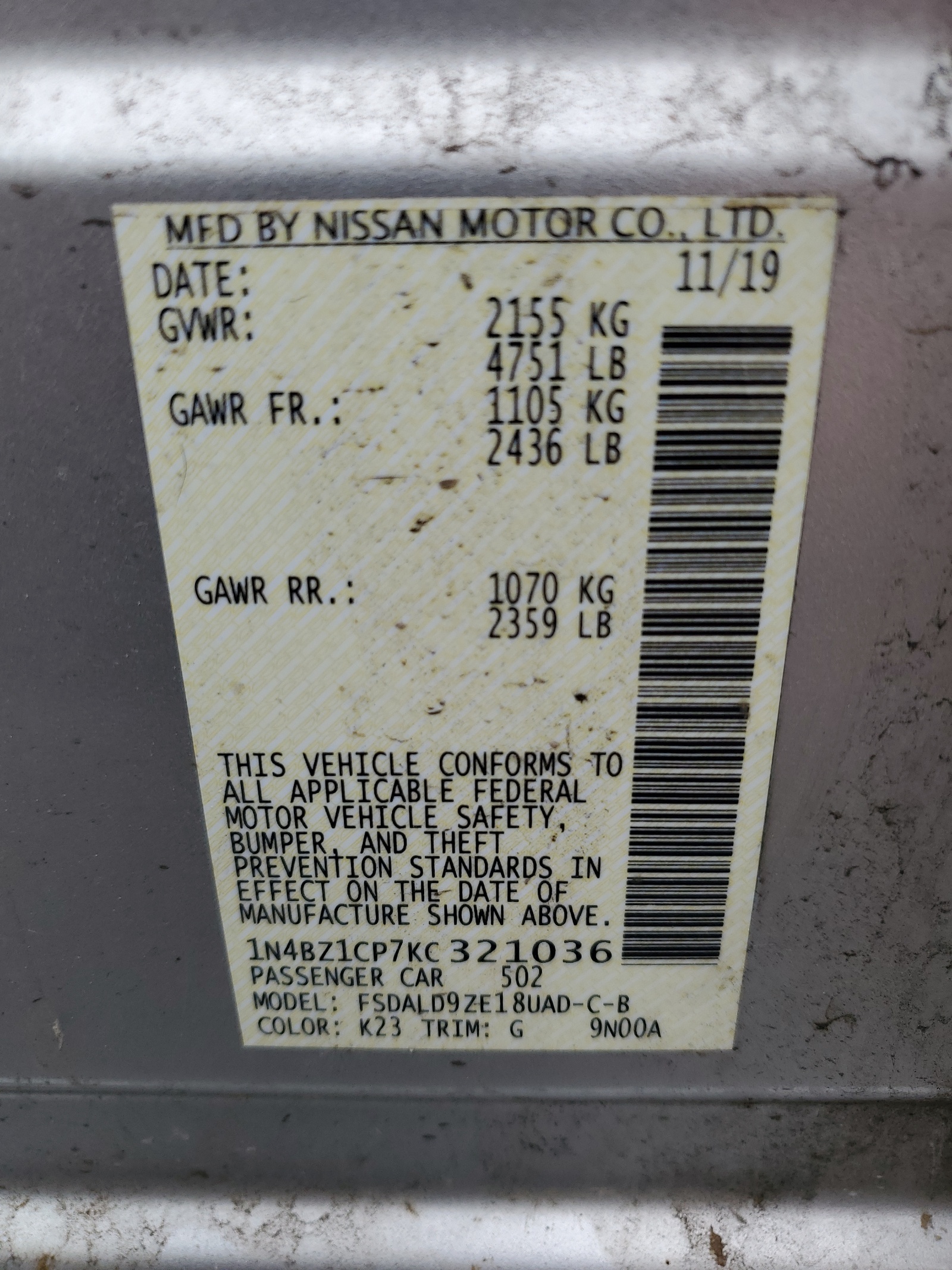 1N4BZ1CP7KC321036 2019 Nissan Leaf S Plus