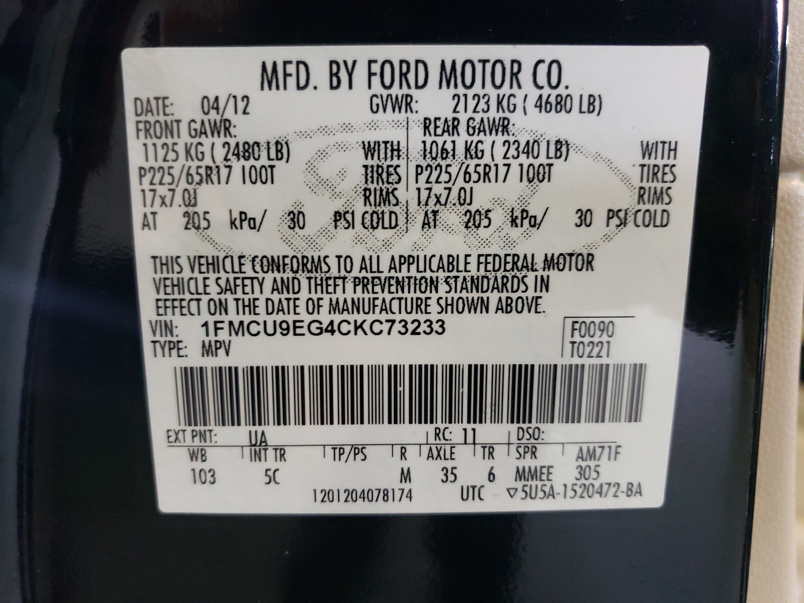 1FMCU9EG4CKC73233 2012 Ford Escape Limited