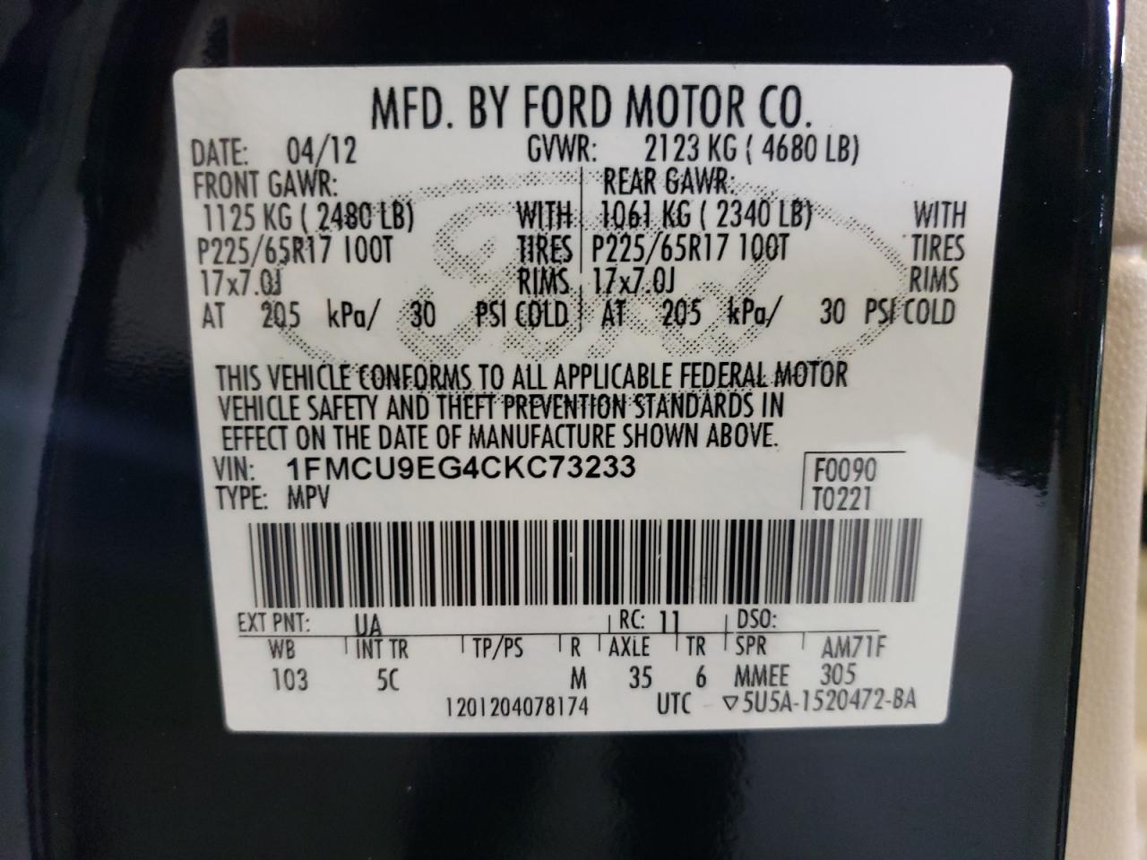 2012 Ford Escape Limited VIN: 1FMCU9EG4CKC73233 Lot: 64241564