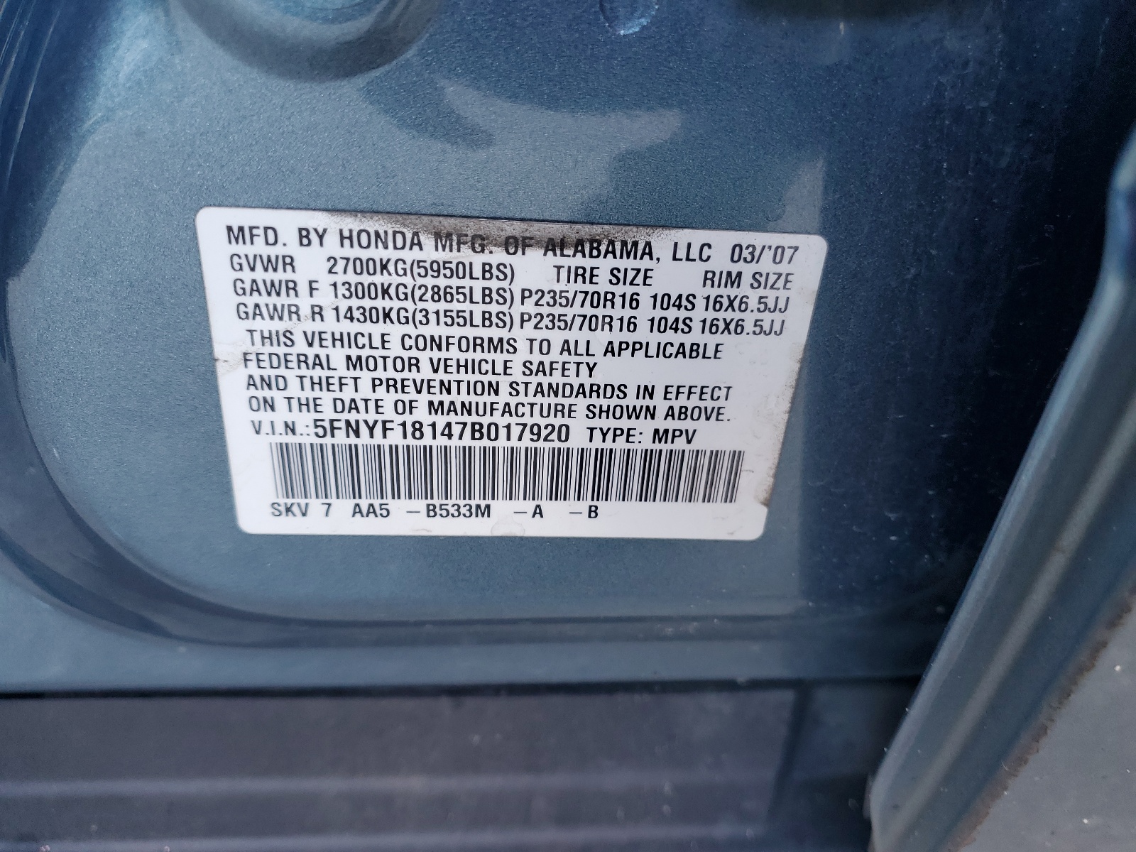 5FNYF18147B017920 2007 Honda Pilot Lx