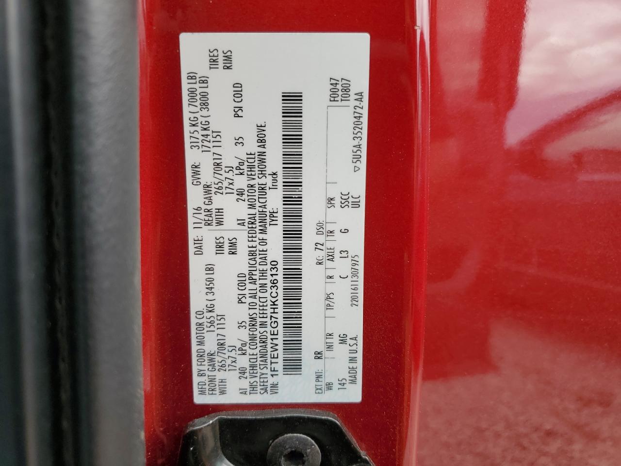 2017 Ford F150 Supercrew VIN: 1FTEW1EG7HKC36130 Lot: 61133424