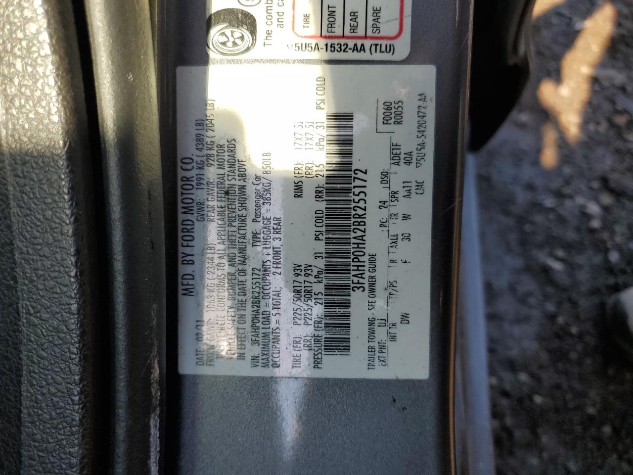 2011 Ford Fusion Se VIN: 3FAHP0HA2BR255172 Lot: 63606794