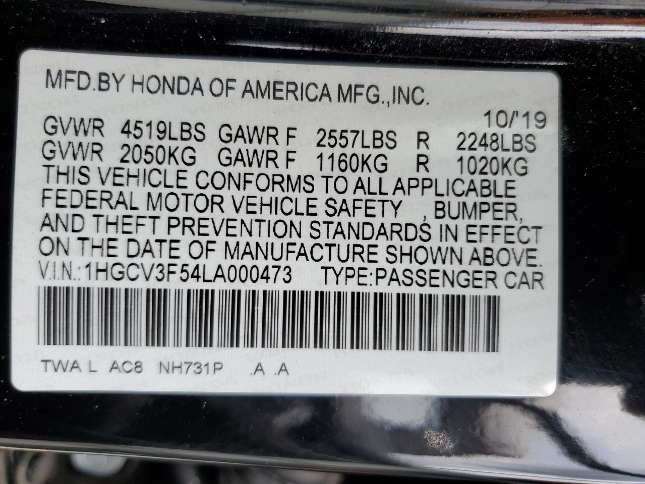 2020 Honda Accord Hybrid Exl VIN: 1HGCV3F54LA000473 Lot: 63913734