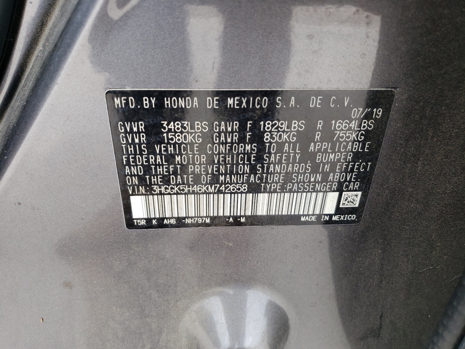 3HGGK5H46KM742658 2019 Honda Fit Lx