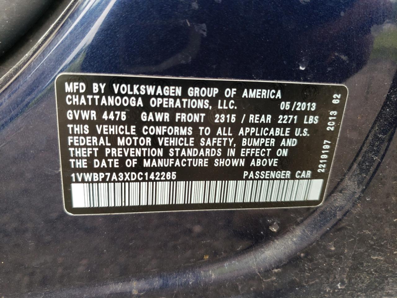 2013 Volkswagen Passat Se VIN: 1VWBP7A3XDC142265 Lot: 63583124