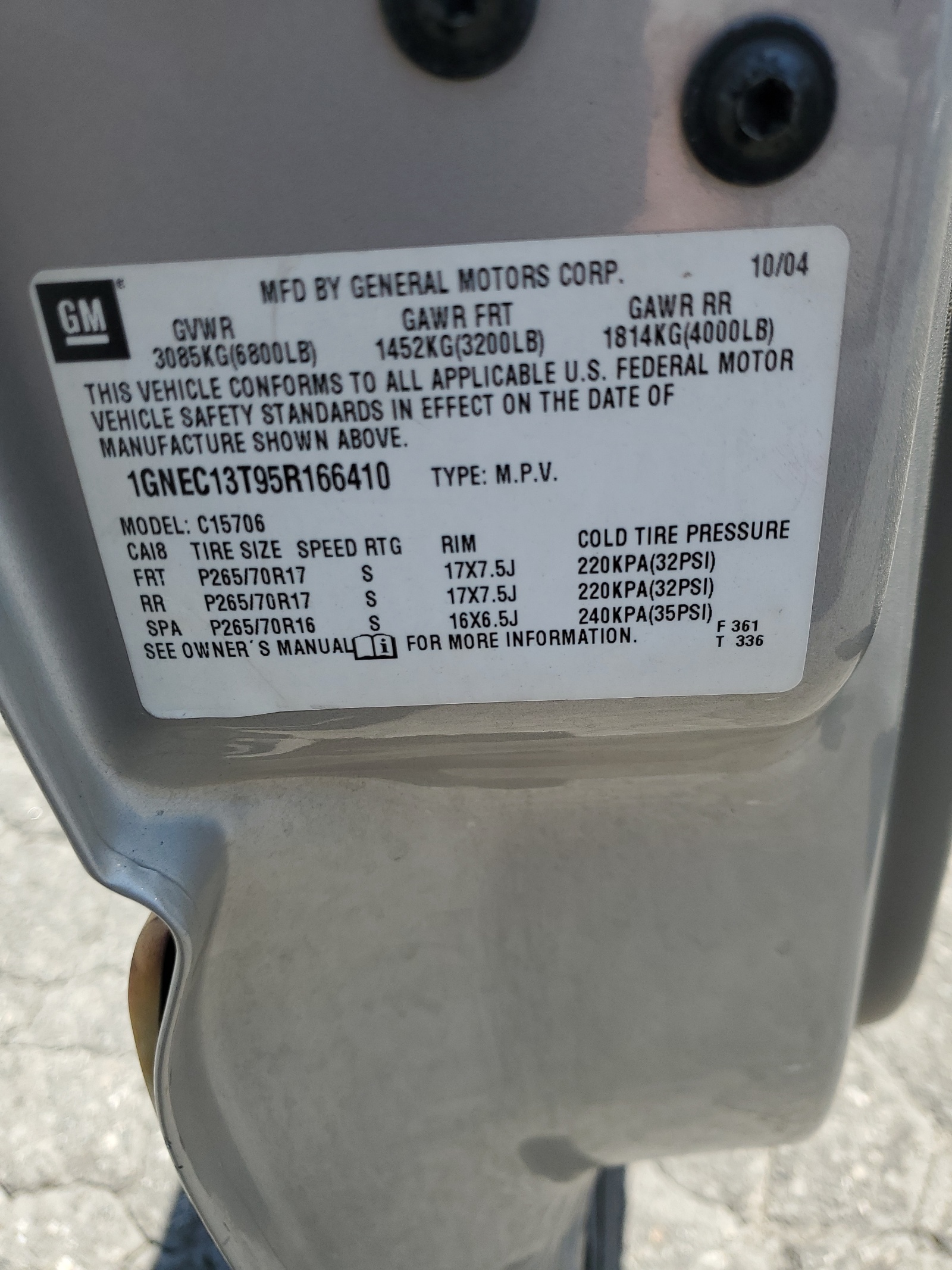 1GNEC13T95R166410 2005 Chevrolet Tahoe C1500