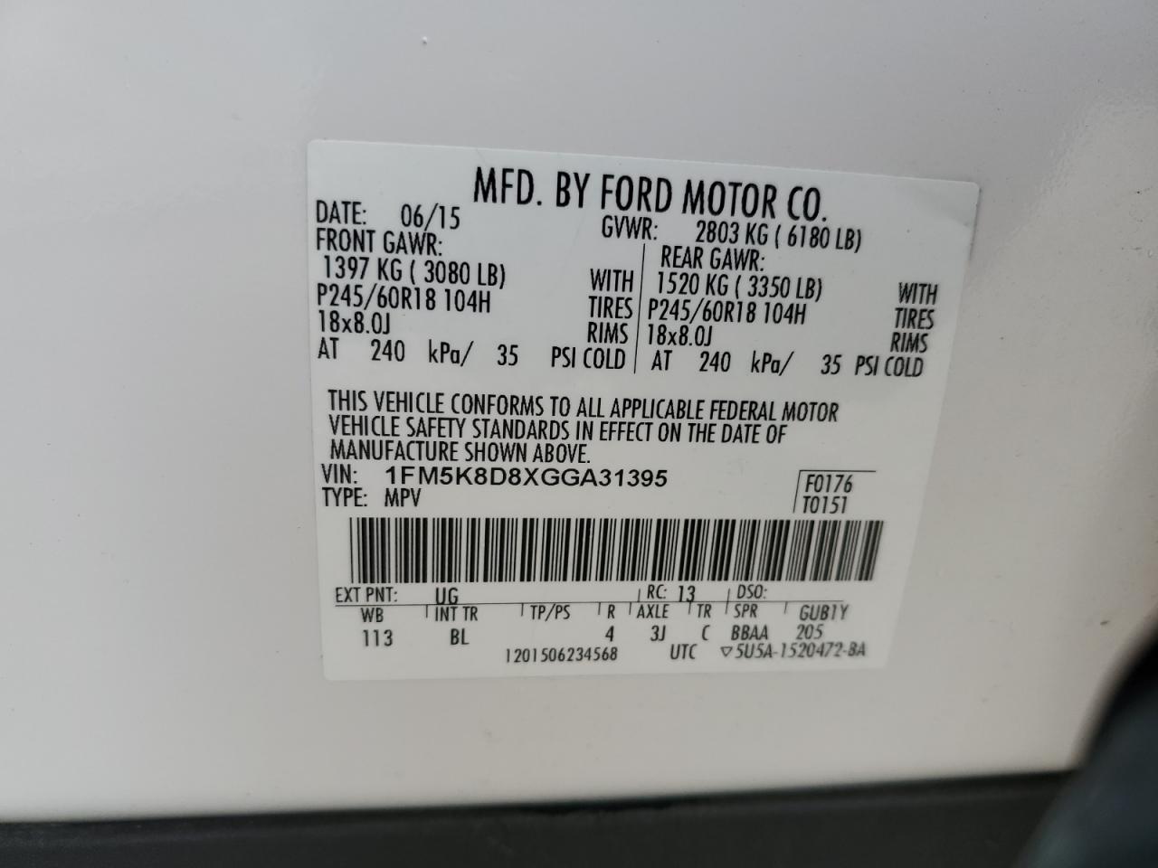 2016 Ford Explorer Xlt VIN: 1FM5K8D8XGGA31395 Lot: 61760424