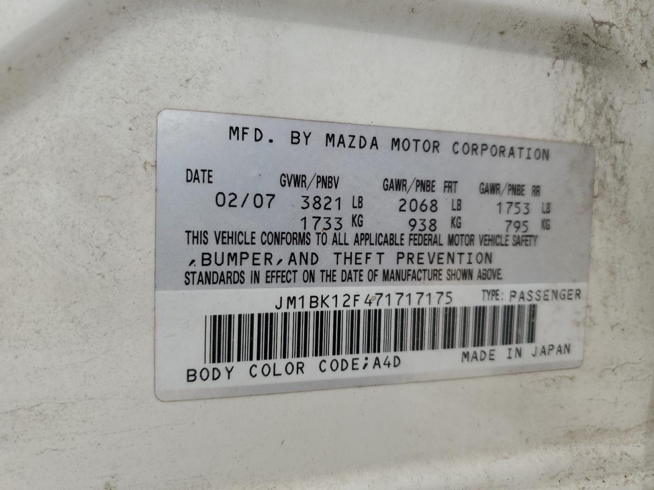 2007 Mazda 3 I VIN: JM1BK12F471717175 Lot: 63125334