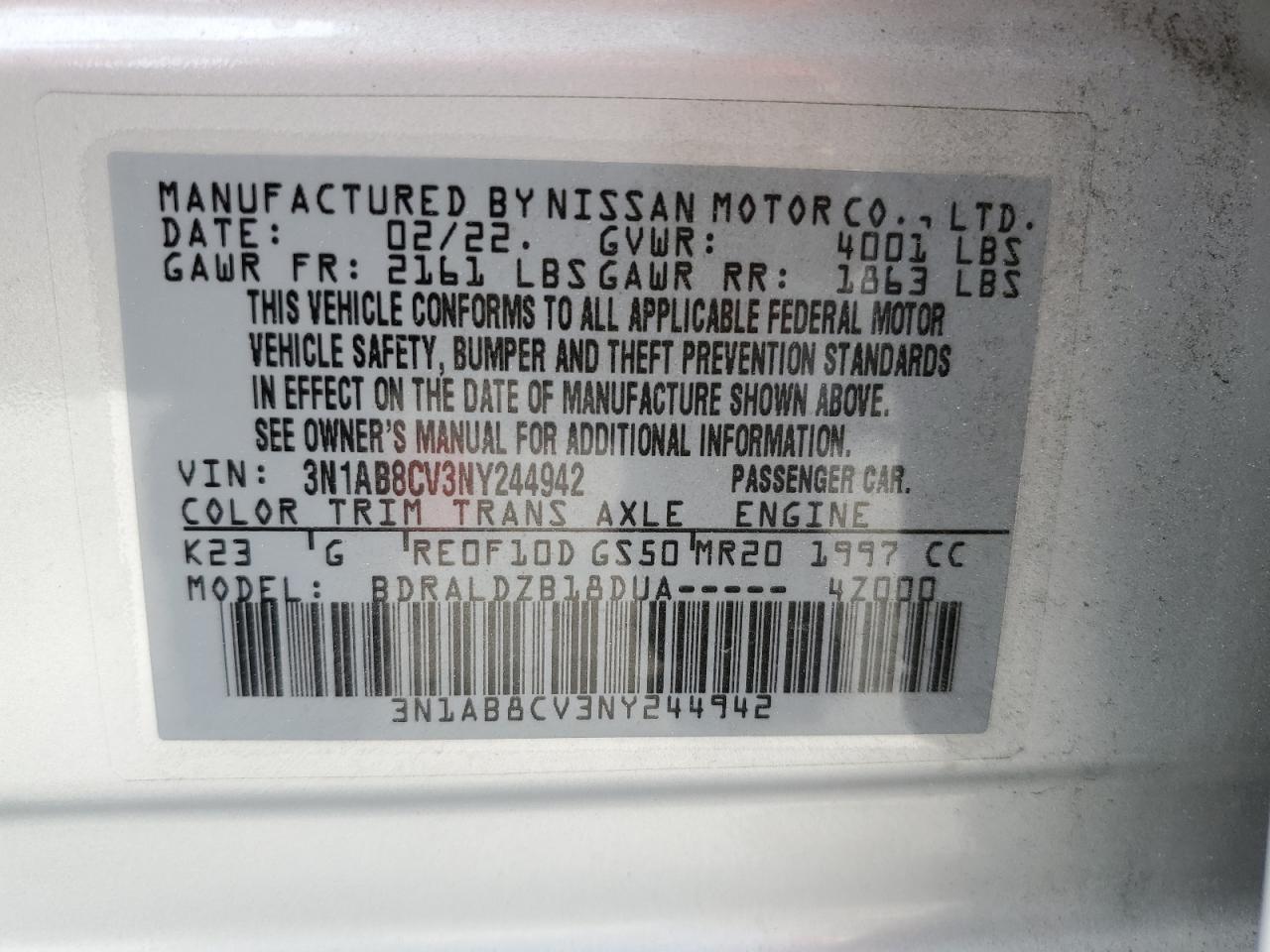 2022 Nissan Sentra Sv VIN: 3N1AB8CV3NY244942 Lot: 64485634