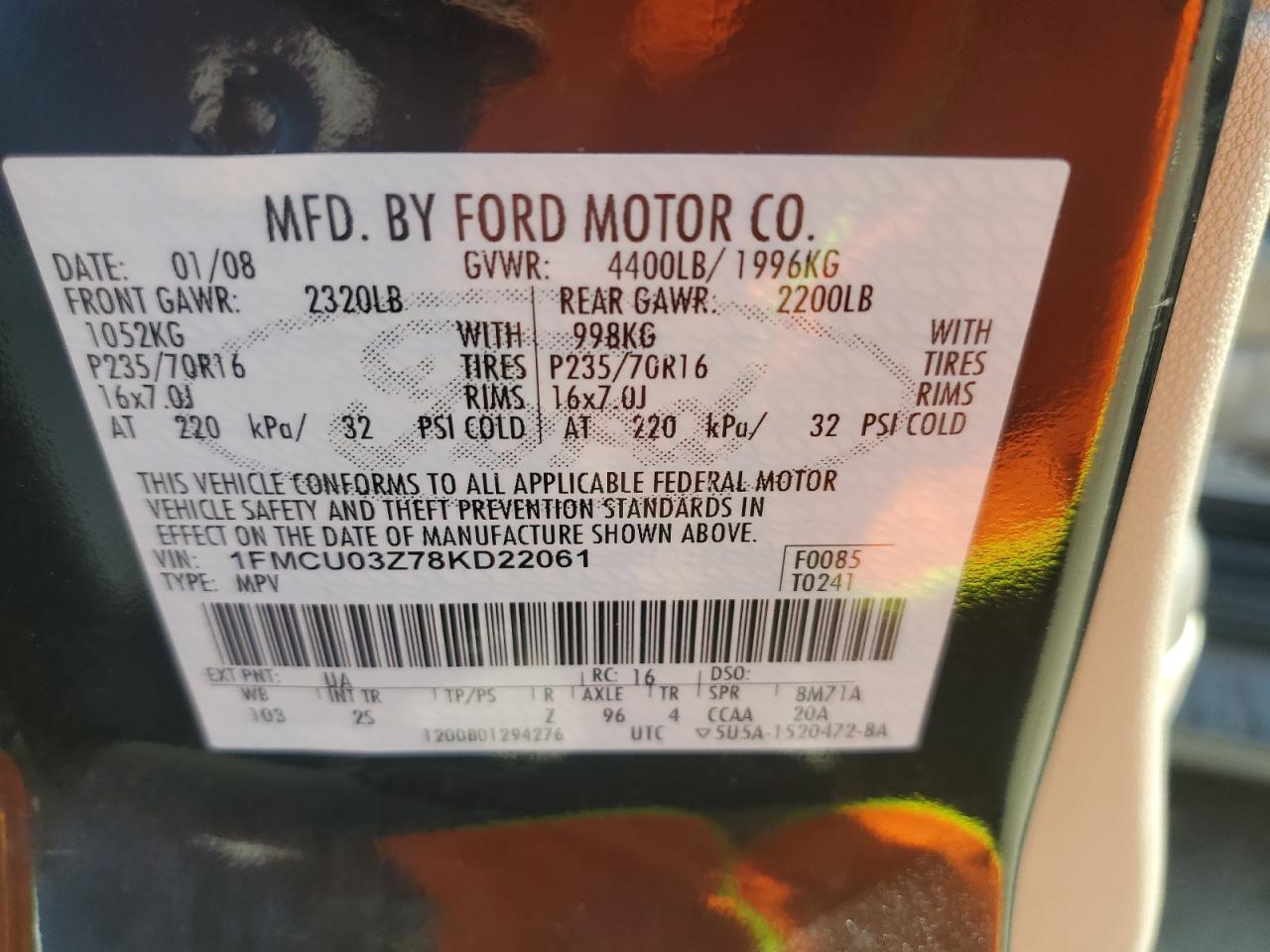 2008 Ford Escape Xlt VIN: 1FMCU03Z78KD22061 Lot: 61968374