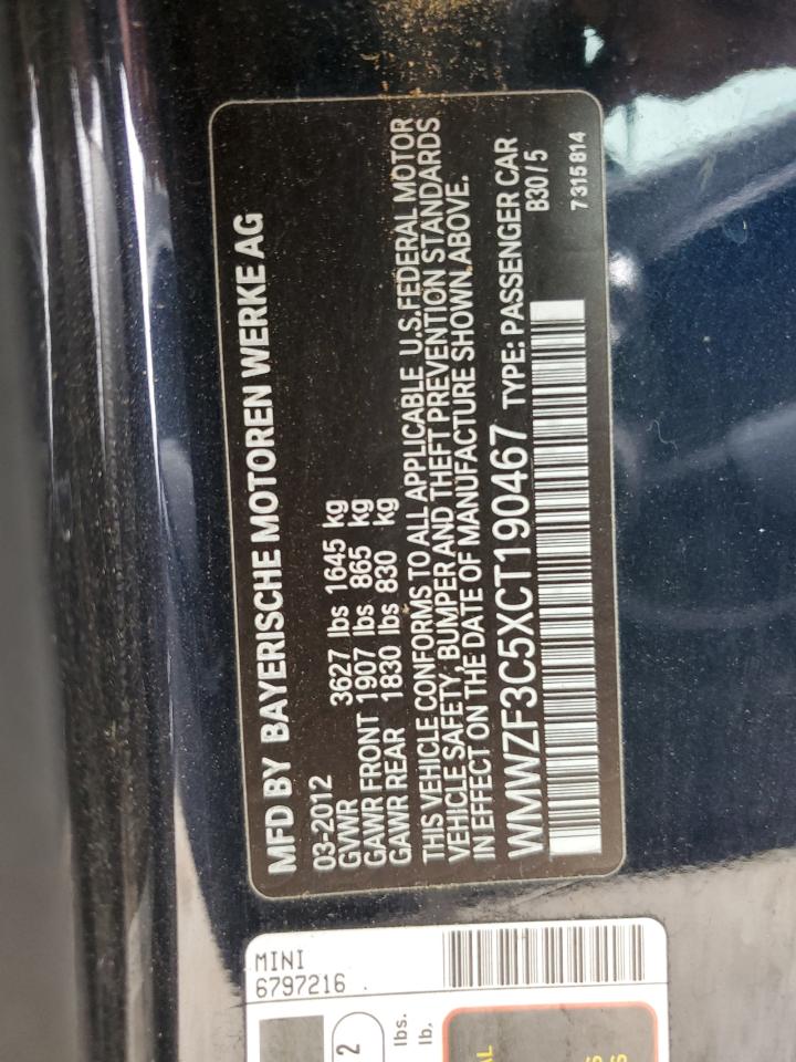 2012 Mini Cooper Clubman VIN: WMWZF3C5XCT190467 Lot: 61157644