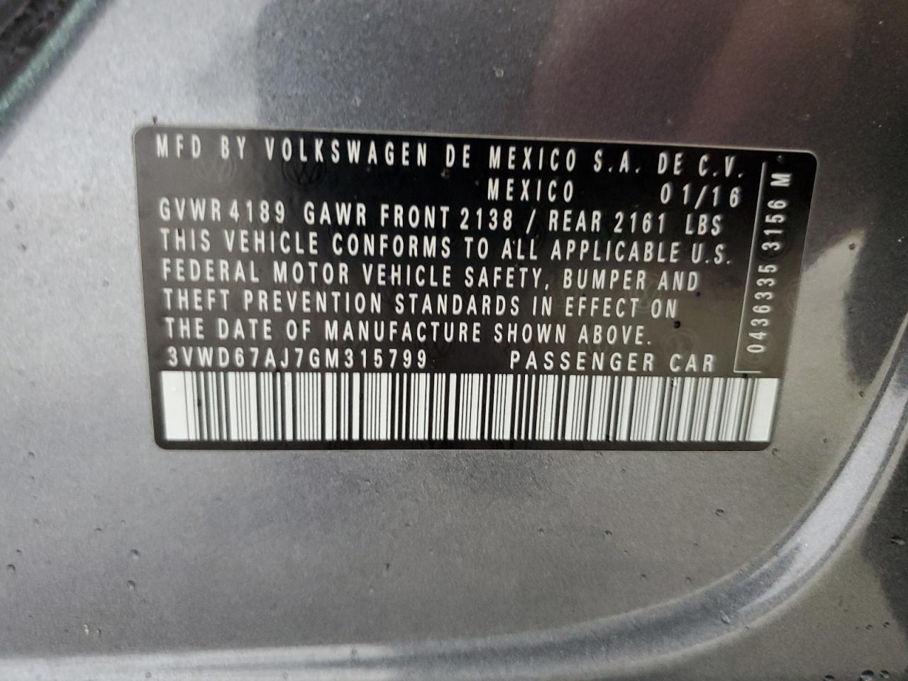 2016 Volkswagen Jetta Se VIN: 3VWD67AJ7GM315799 Lot: 64027264