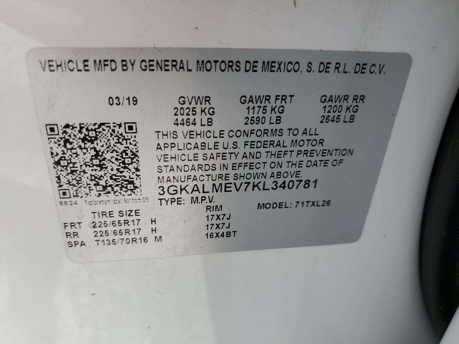 3GKALMEV7KL340781 2019 GMC Terrain Sle