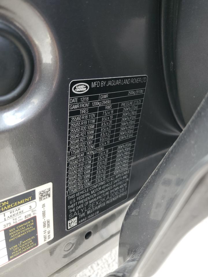 2019 Land Rover Range Rover Velar R-Dynamic Se VIN: SALYL2EX2KA206387 Lot: 61507574