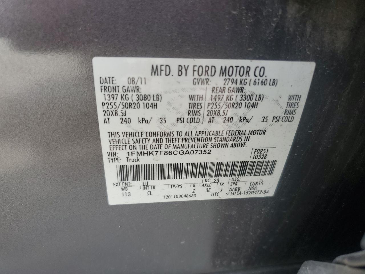 2012 Ford Explorer Limited VIN: 1FMHK7F86CGA07352 Lot: 61349744