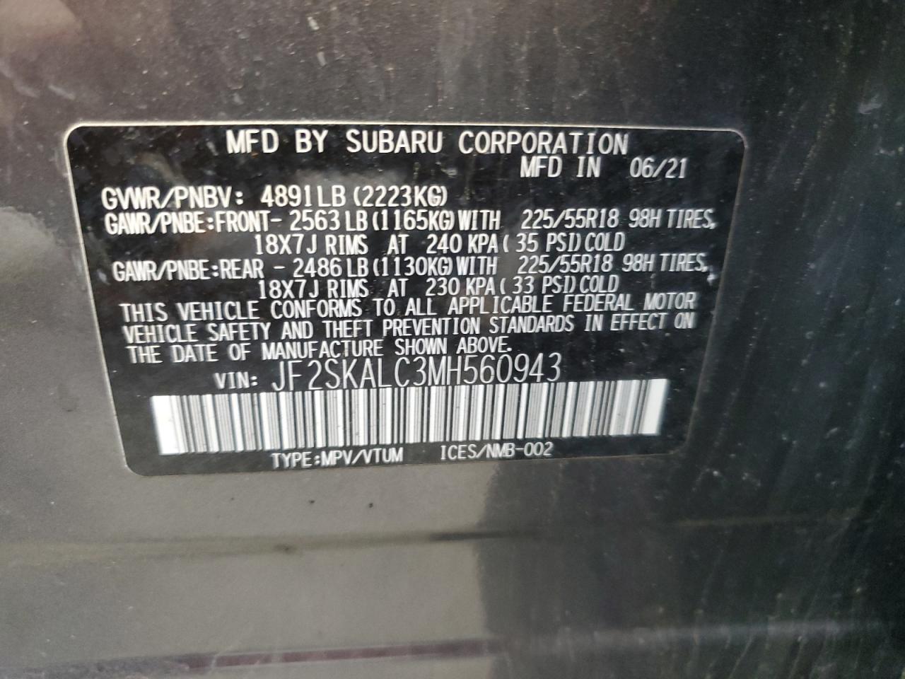 2021 Subaru Forester Sport VIN: JF2SKALC3MH560943 Lot: 64604534