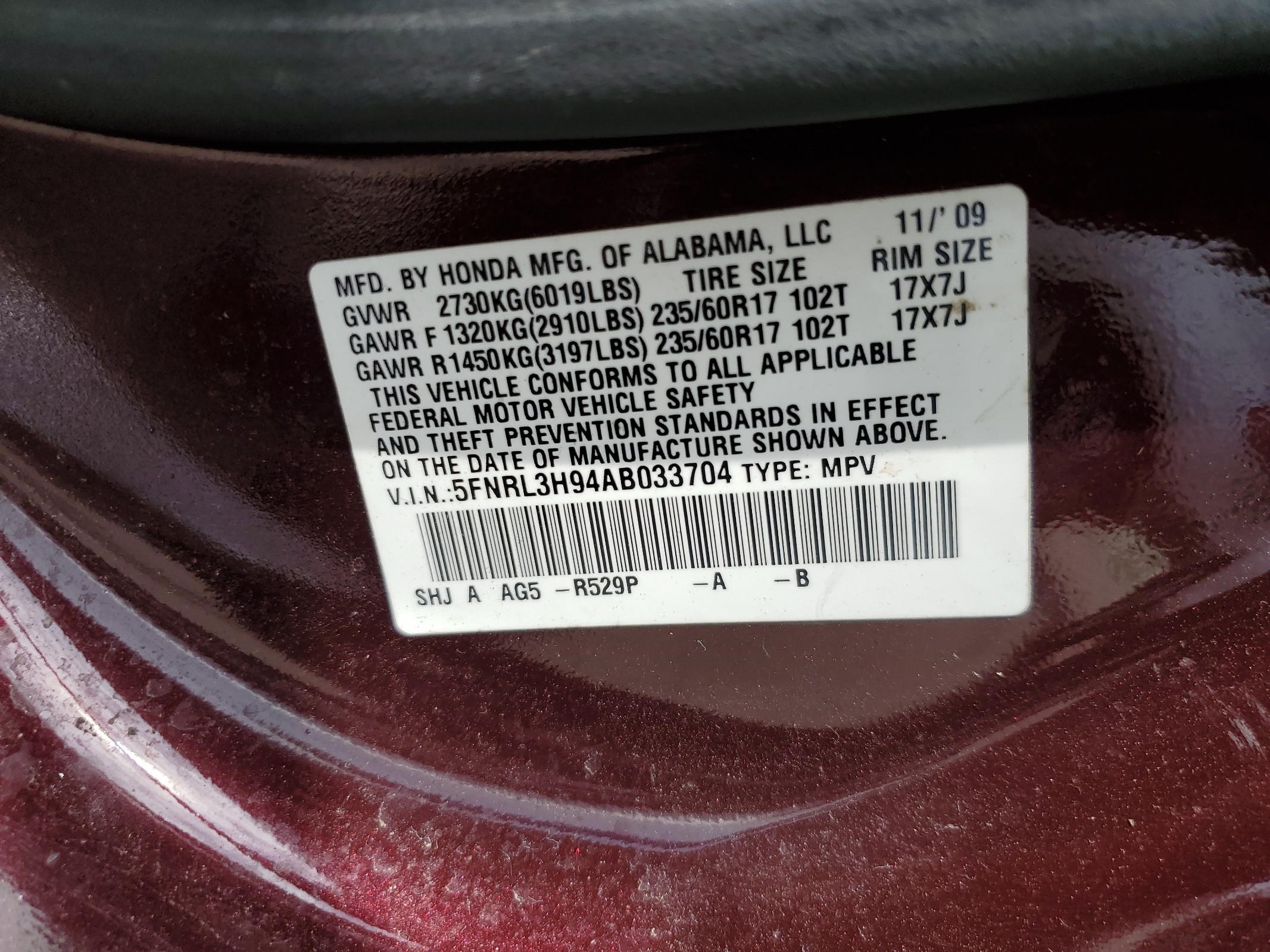 5FNRL3H94AB033704 2010 Honda Odyssey Touring