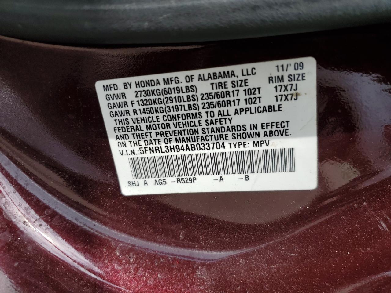 2010 Honda Odyssey Touring VIN: 5FNRL3H94AB033704 Lot: 62503734