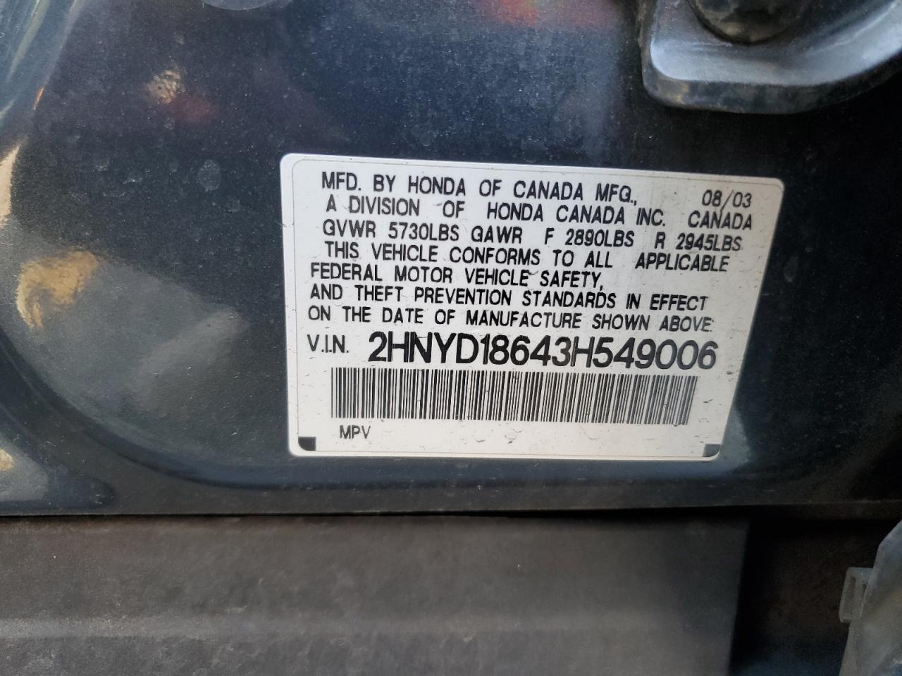 2003 Acura Mdx Touring VIN: 2HNYD18643H549006 Lot: 62638904