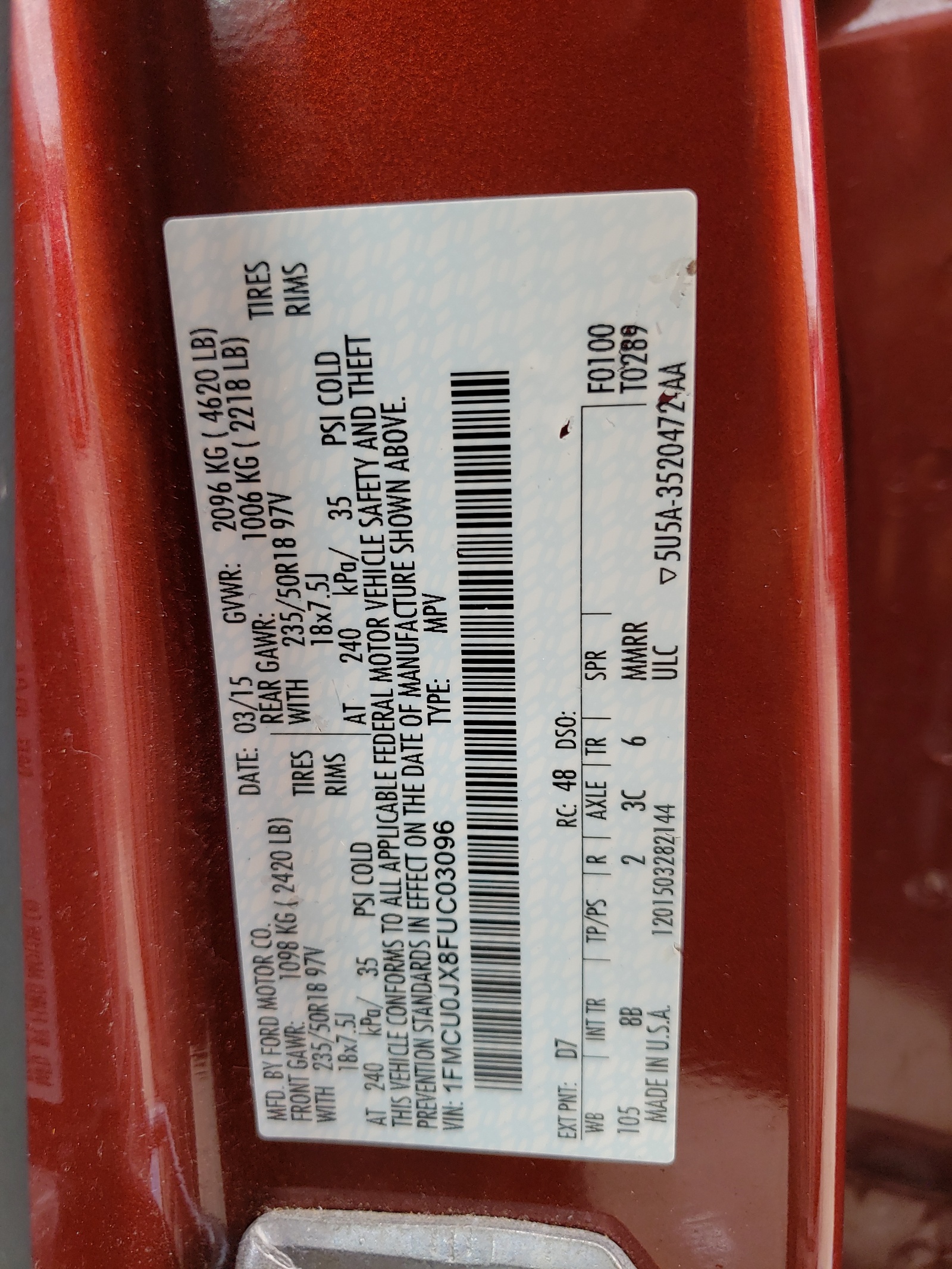 1FMCU0JX8FUC03096 2015 Ford Escape Titanium