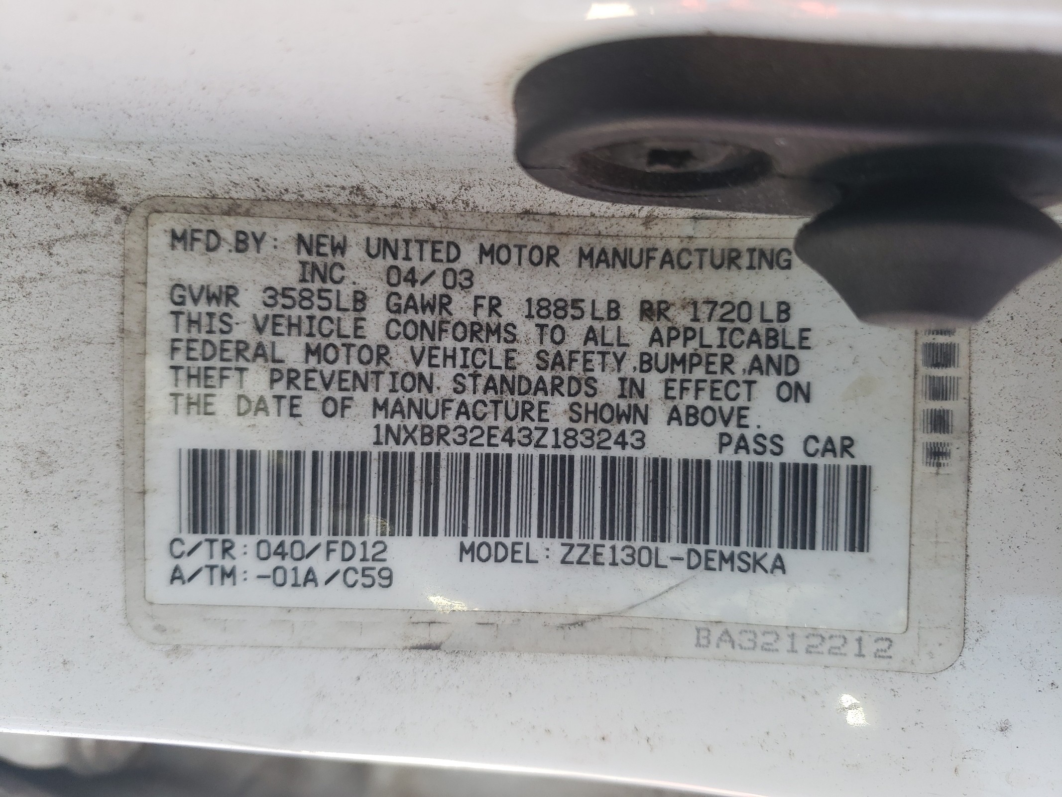 1NXBR32E43Z183243 2003 Toyota Corolla Ce