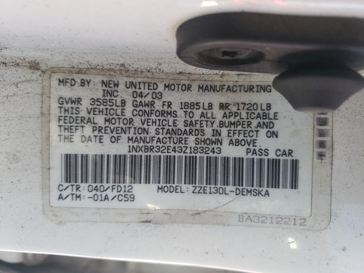 2003 Toyota Corolla Ce VIN: 1NXBR32E43Z183243 Lot: 65601574