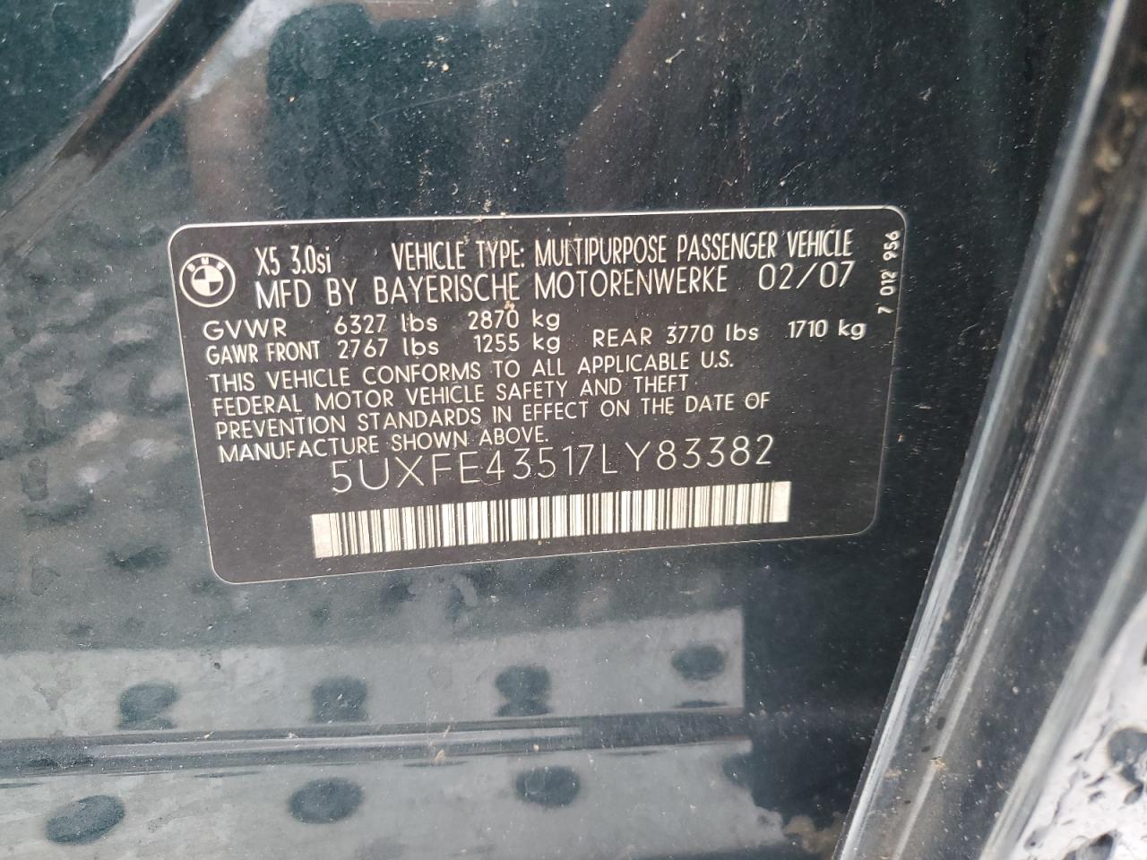 2007 BMW X5 3.0I VIN: 5UXFE43517LY83382 Lot: 62404554