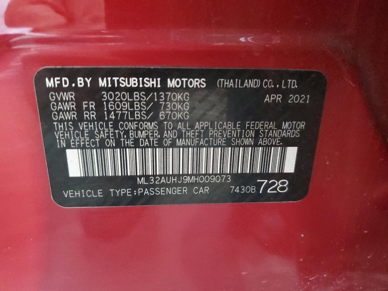 2021 Mitsubishi Mirage Es VIN: ML32AUHJ9MH009073 Lot: 64748684