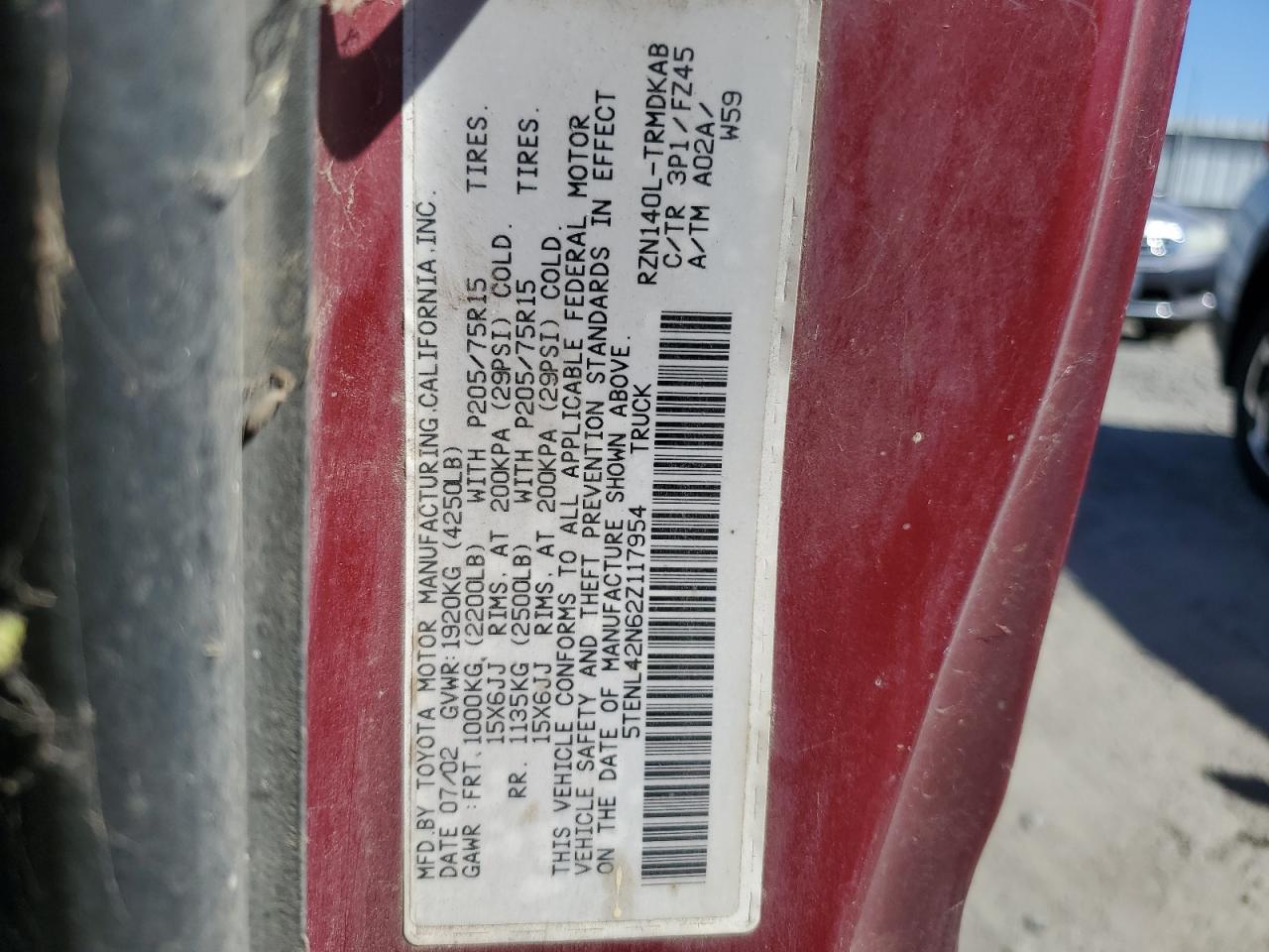 2002 Toyota Tacoma VIN: 5TENL42N62Z117954 Lot: 64188484