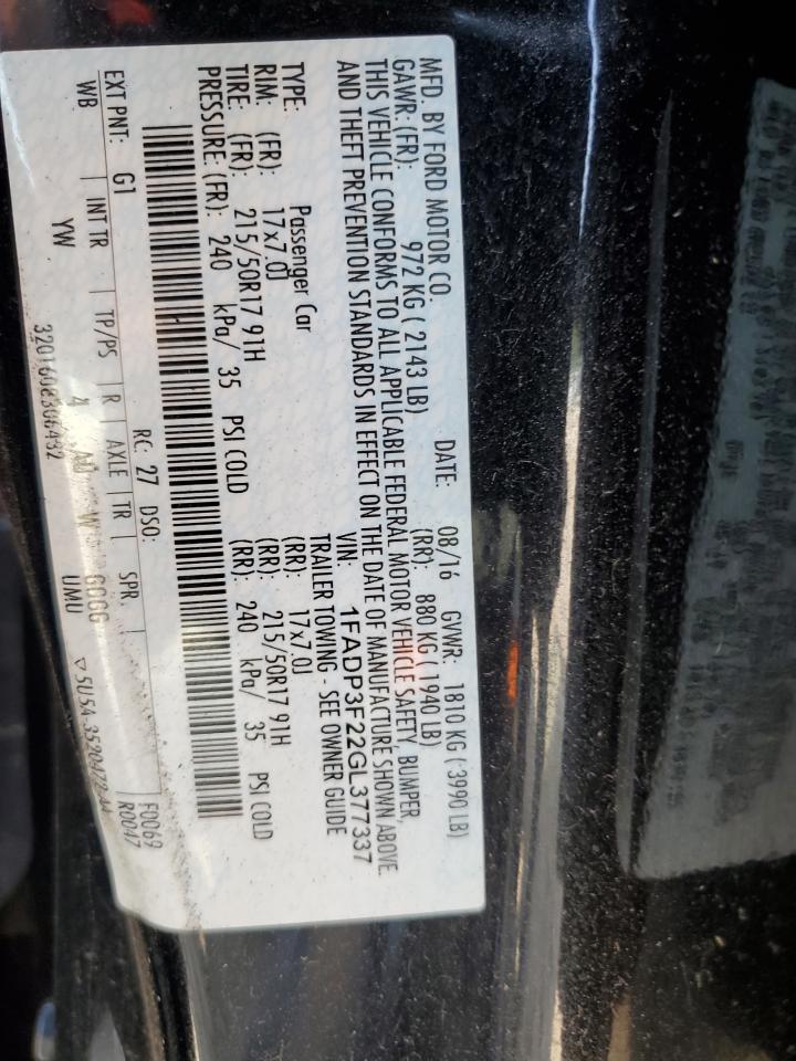 2016 Ford Focus Se VIN: 1FADP3F22GL377337 Lot: 64942354