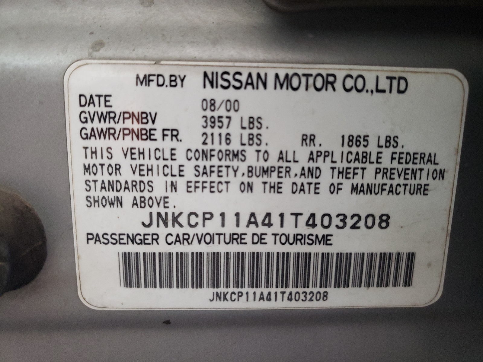 JNKCP11A41T403208 2001 Infiniti G20