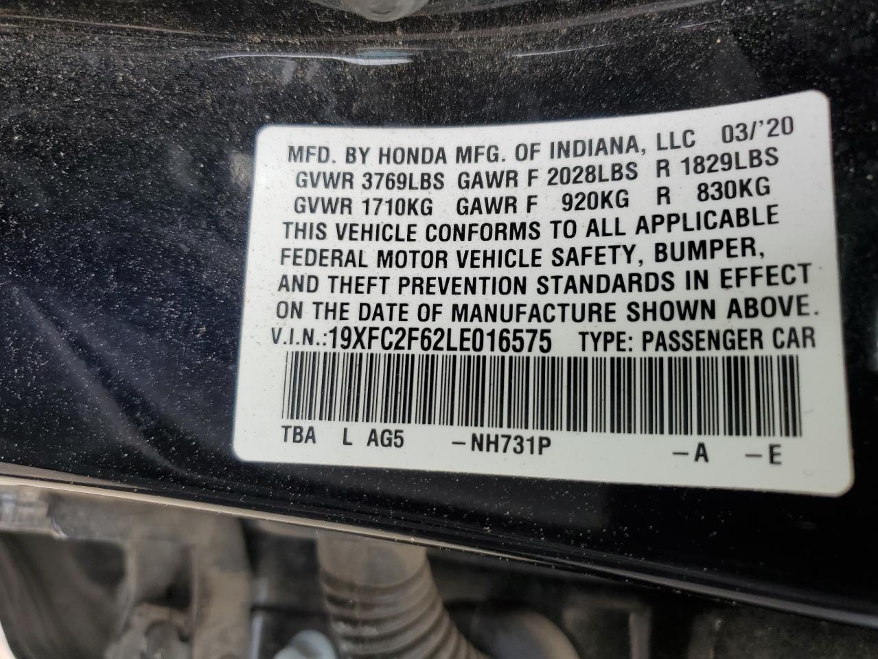 2020 Honda Civic Lx VIN: 19XFC2F62LE016575 Lot: 61798374