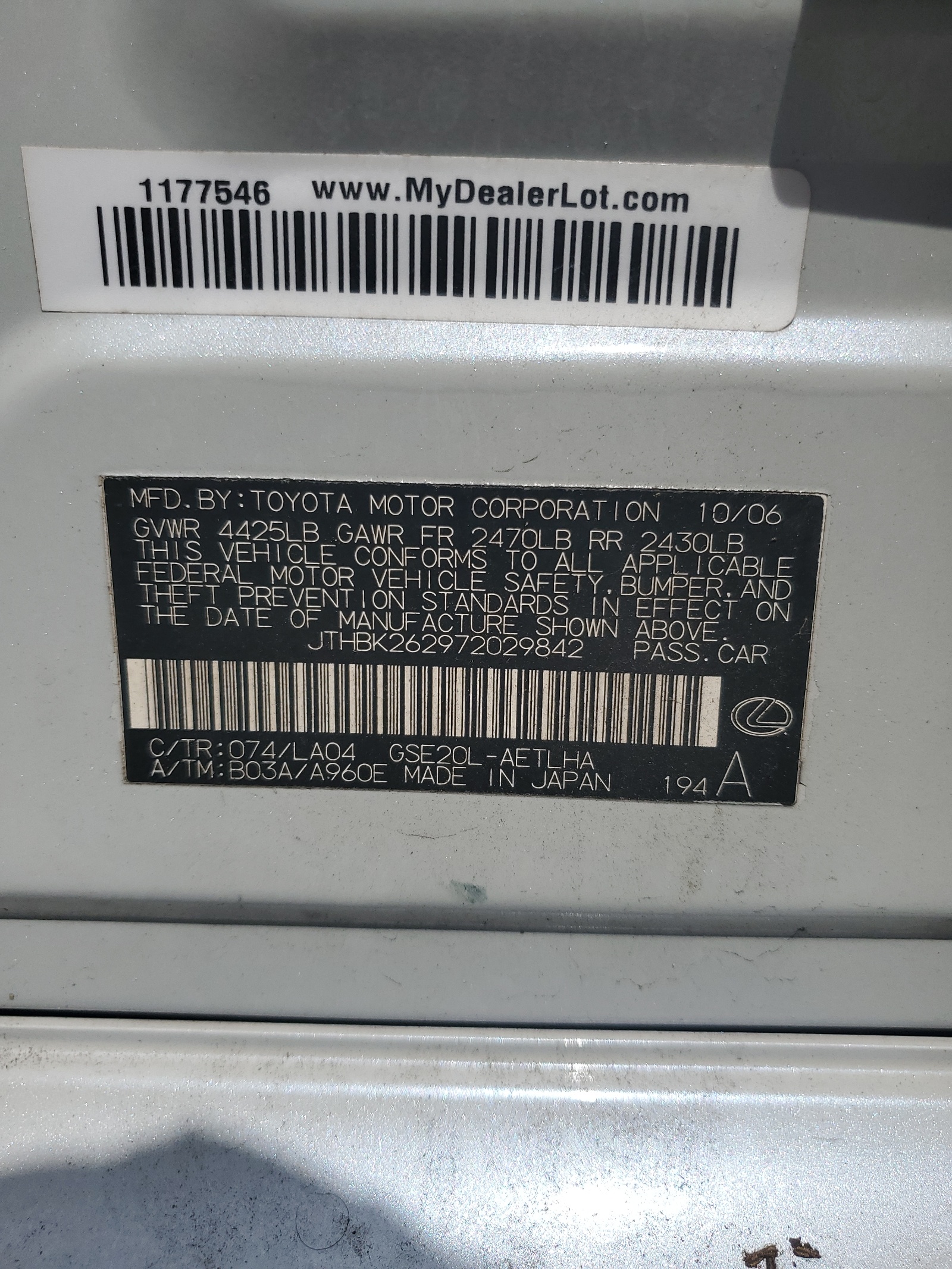 JTHBK262972029842 2007 Lexus Is 250