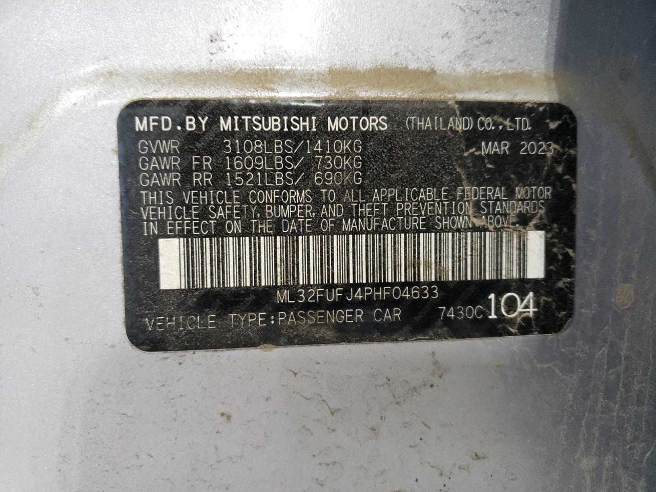 2023 Mitsubishi Mirage G4 Es VIN: ML32FUFJ4PHF04633 Lot: 63655174