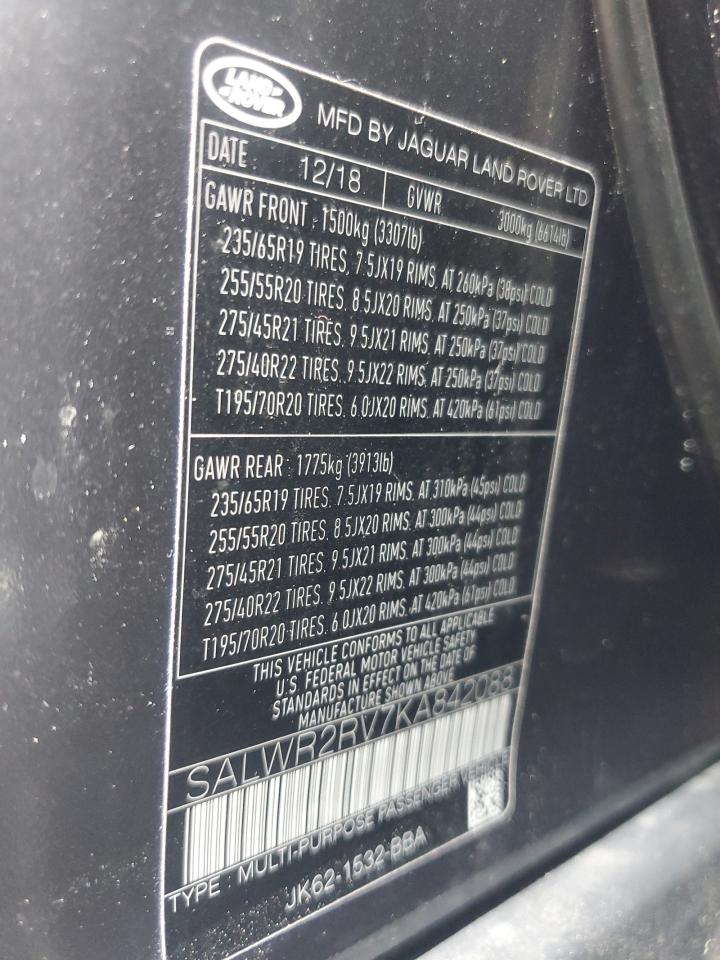 2019 Land Rover Range Rover Sport Hse VIN: SALWR2RV7KA842088 Lot: 61540274