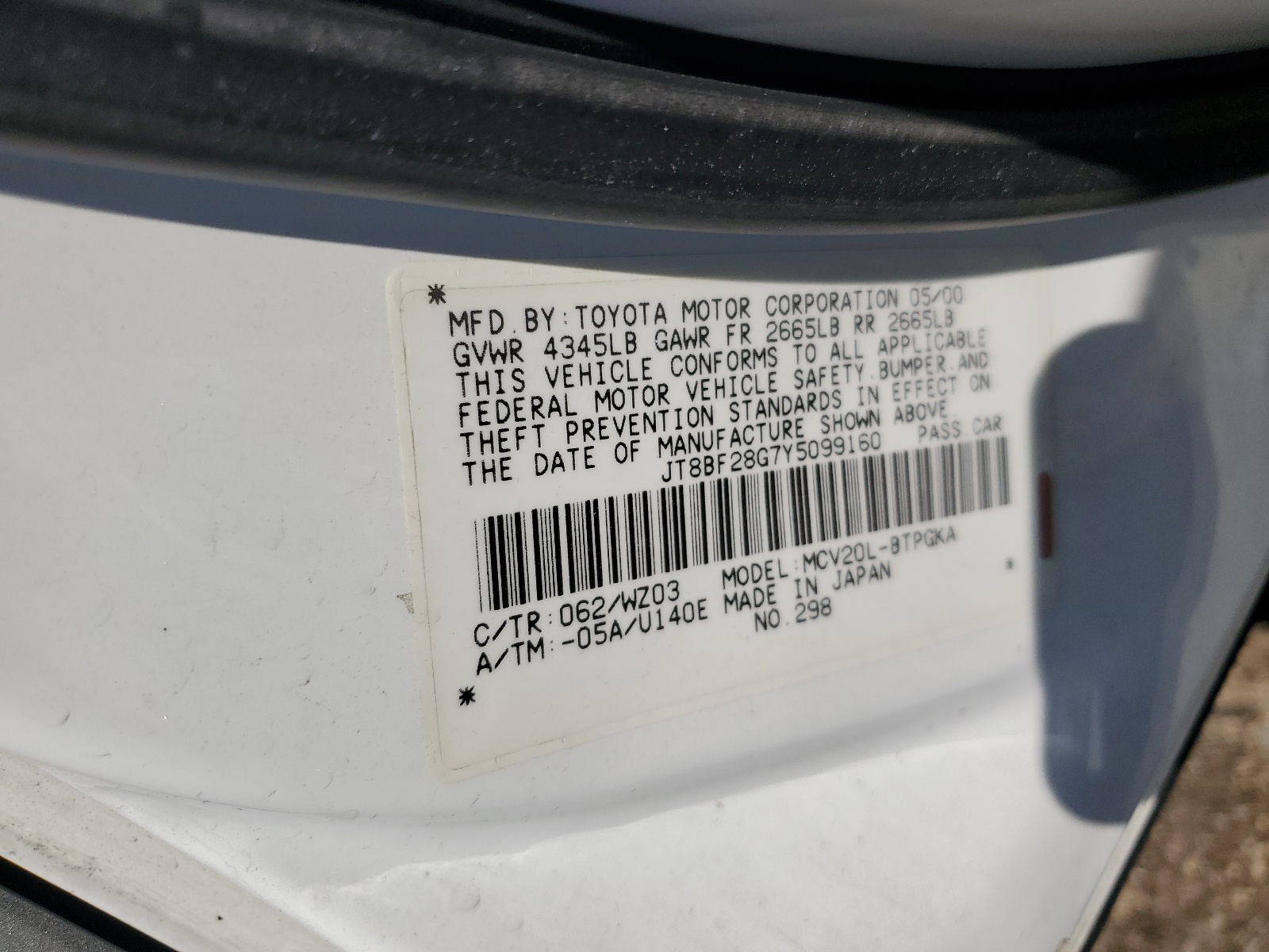 JT8BF28G7Y5099160 2000 Lexus Es 300