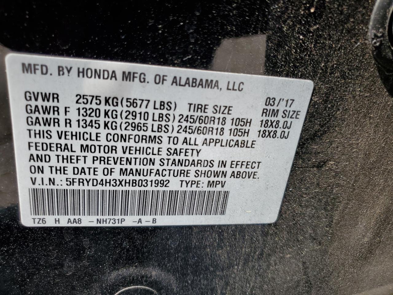 5FRYD4H3XHB031992 2017 Acura Mdx