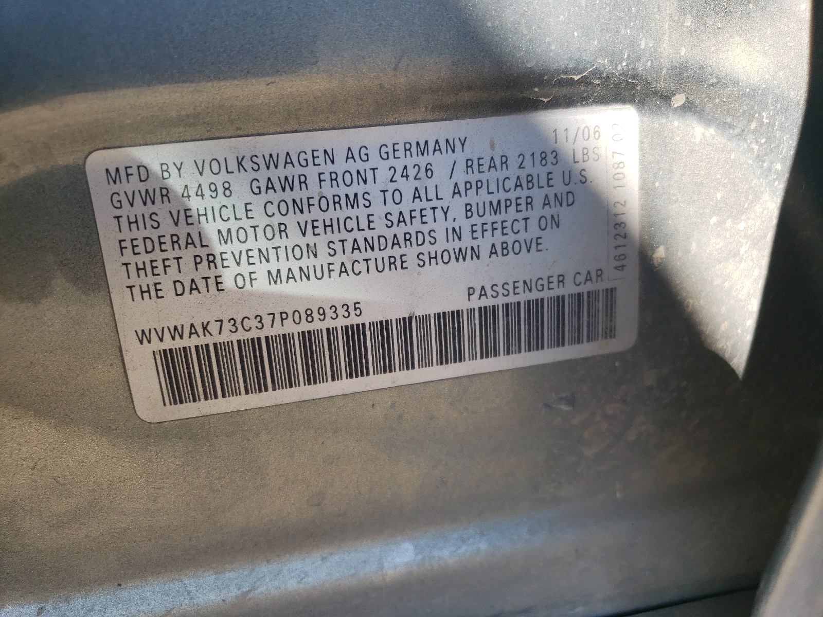 WVWAK73C37P089335 2007 Volkswagen Passat 2.0T