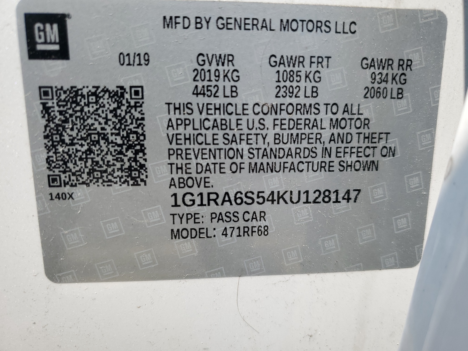 1G1RA6S54KU128147 2019 Chevrolet Volt Lt