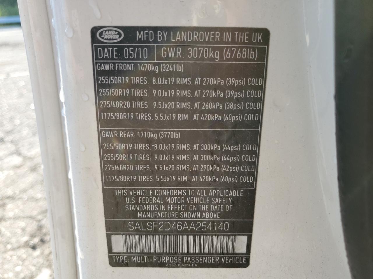 2010 Land Rover Range Rover Sport Hse VIN: SALSF2D46AA254140 Lot: 63122944